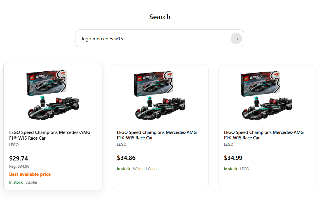 Specific search results sorted by price with lowest price highlighted